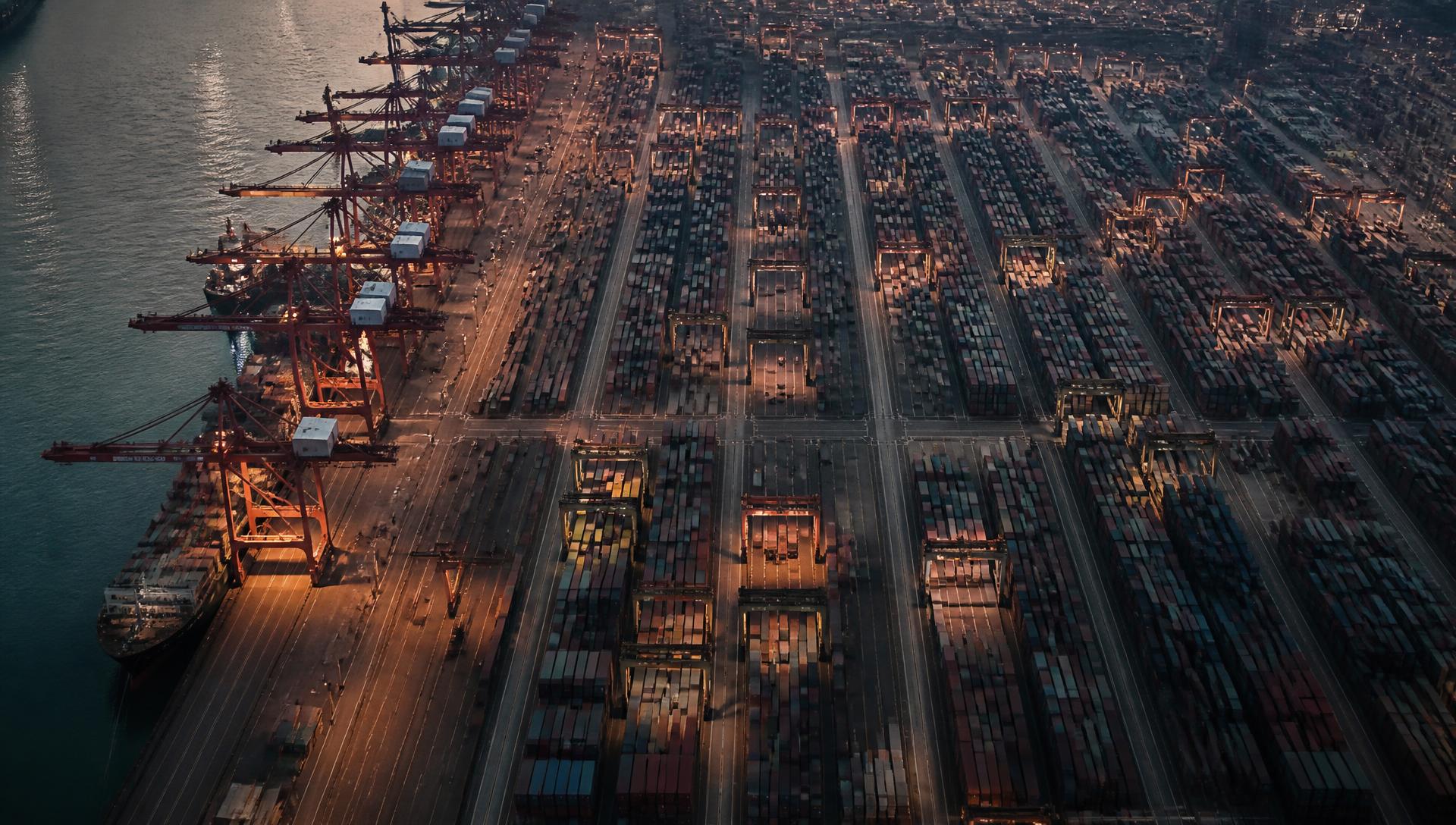 Aerial view of a container terminal at dusk