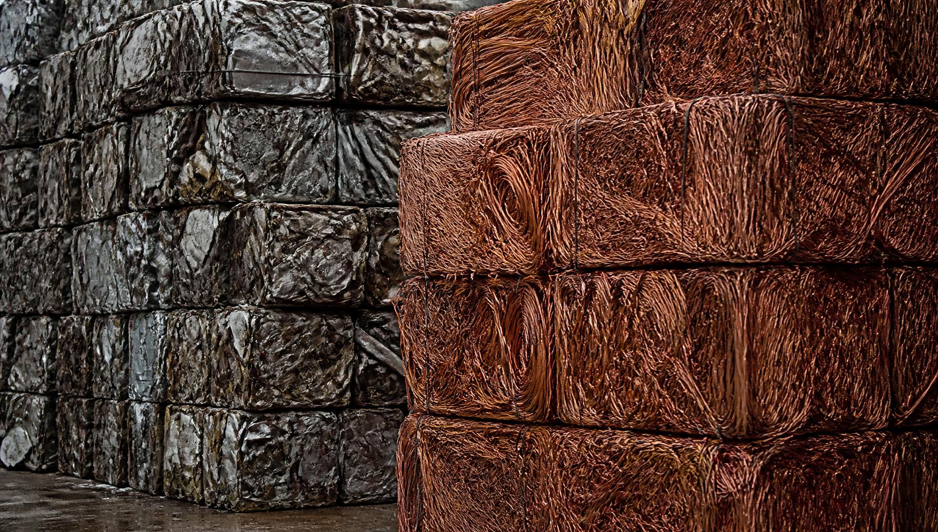 Stacked bales of compressed copper and aluminium scrap in a yard