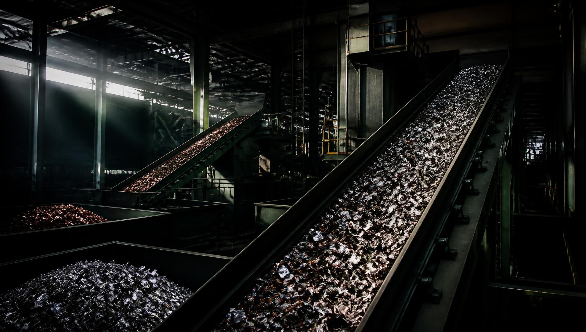 Conveyor lines carrying shredded metal inside a recycling plant